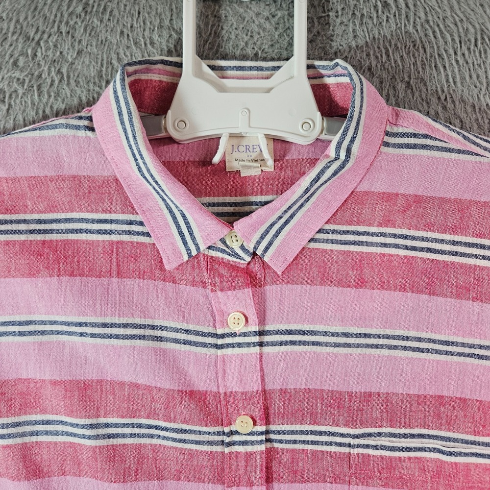 J Crew Linen Blend Shirt Top Women XL Button Up Long Sleeve Pink Red Striped - Picture 3 of 12